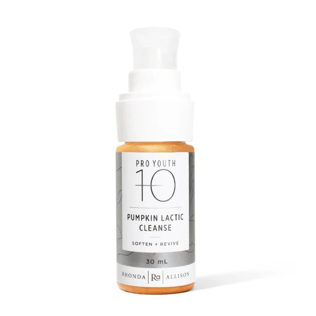 A 30 mL pump bottle of Pro Youth 10 Pumpkin Lactic Cleanse by Regena | RO | Allison, featuring amber liquid, a white pump, and a gray and white label, set against a plain white background.