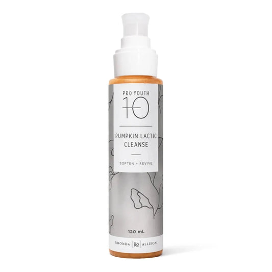 A 120 mL pump bottle of Pro Youth 10 Pumpkin Lactic Cleanse by Allison Aroma, featuring a white label with gray botanical line art and orange liquid visible at the top and bottom, on a white background.