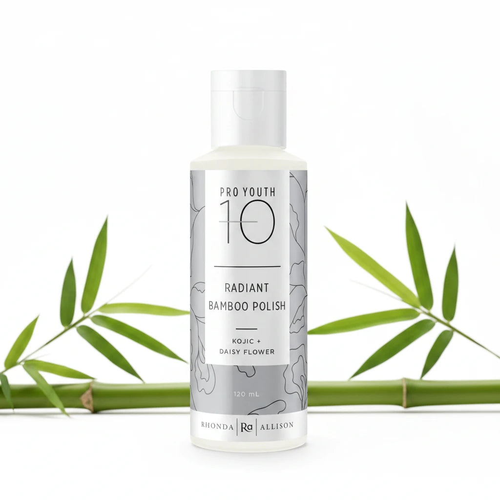 Skincare bottle labeled 'Pro Youth 10' with 'Rhonda Allison' branding on a white background with bamboo stems