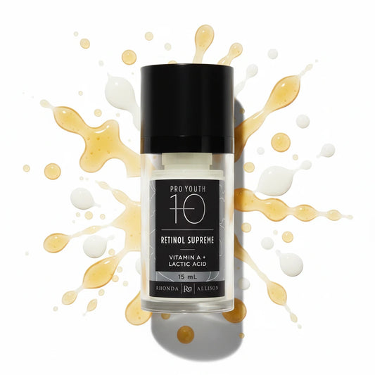 Rhonda Allison Skincare serum bottle labeled 'Pro Youth 10 Retinol Supreme' with black cap on a white background with product droplets