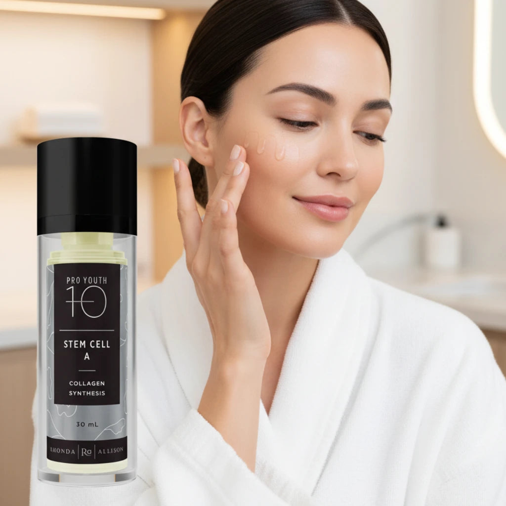 Skincare bottle labeled 'Pro Youth 10' with 'Stem Cell A' and 'Collagen Synthesis' on a white background. 