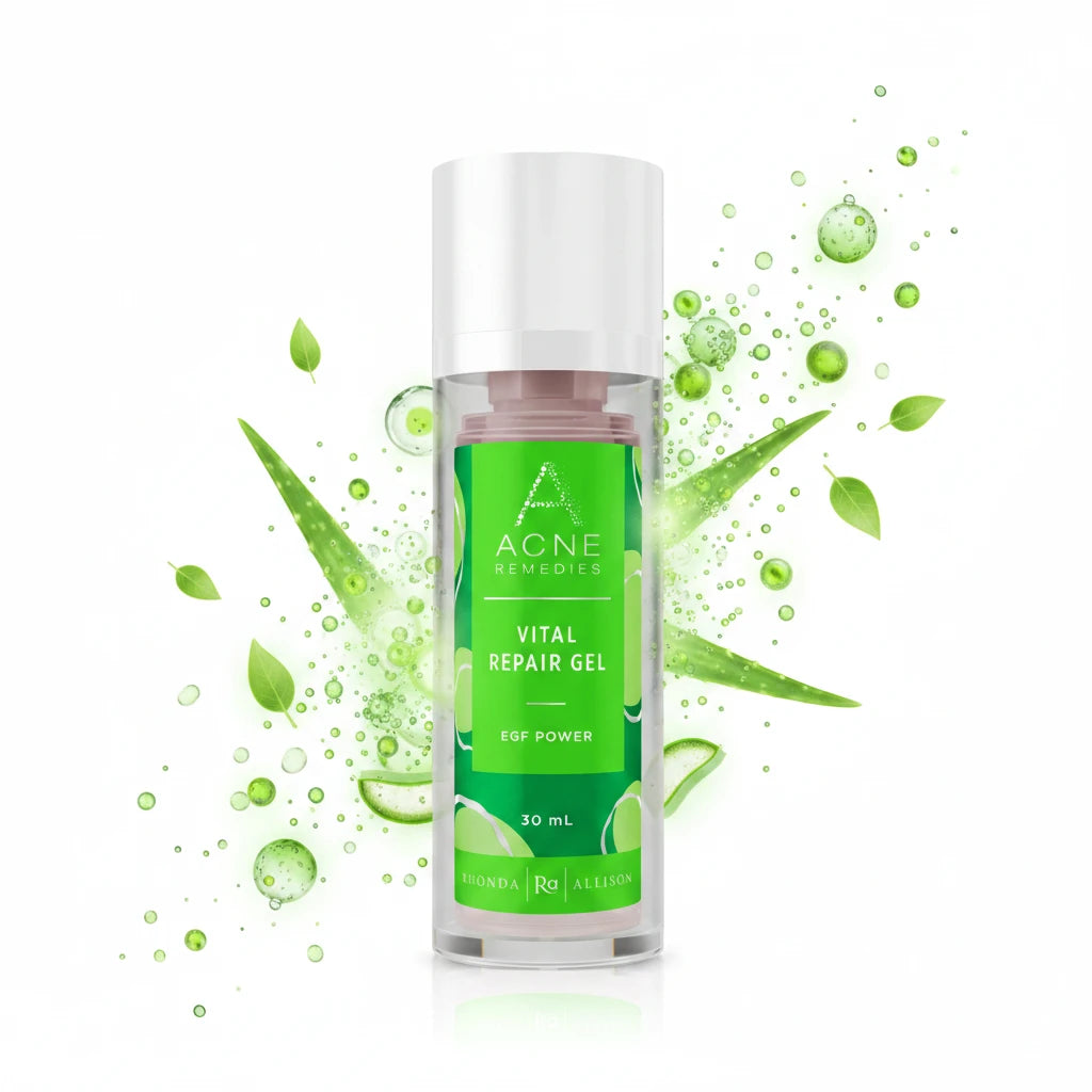Acne Remedies Vital Repair Gel bottle on a white background with scattering of aloe gel in the background