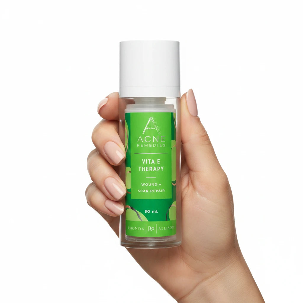 Acne Remedies Vita E Therapy bottle on a white background with hand holding product