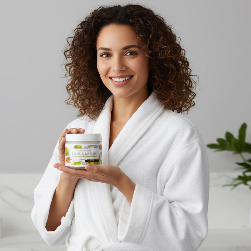 Jar of 'Brown Sugar Glow' body scrub with leaf design on a white background and woman hold jar