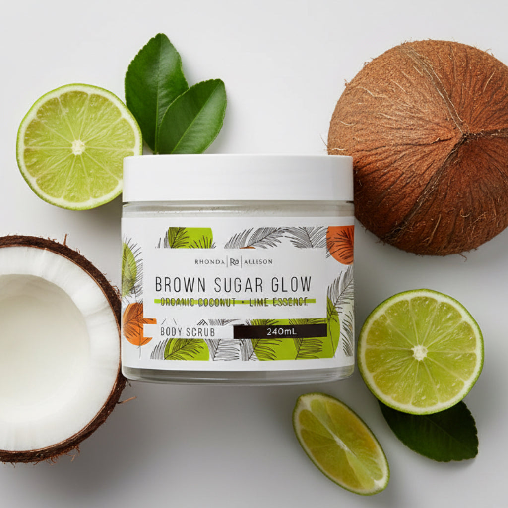 Jar of 'Brown Sugar Glow' body scrub with leaf design on a light background with limes and coconuts