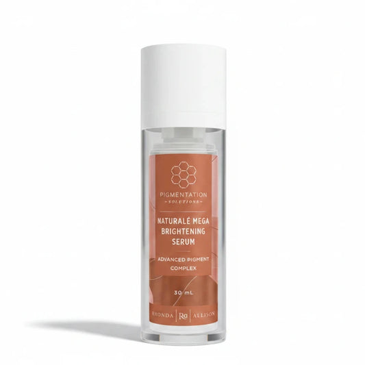 Rhonda Allison Naturale Mega Brightening Serum bottle with brown label on a white background