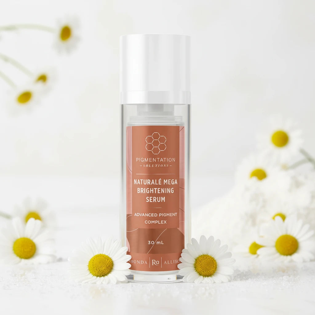 Rhonda Allison Naturale Mega Brightening Serum bottle with brown label on a white background