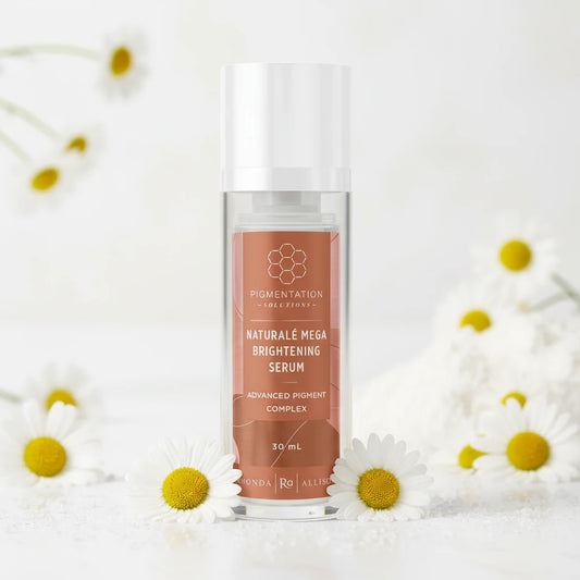Rhonda Allison Naturale Mega Brightening Serum bottle with brown label on a white background