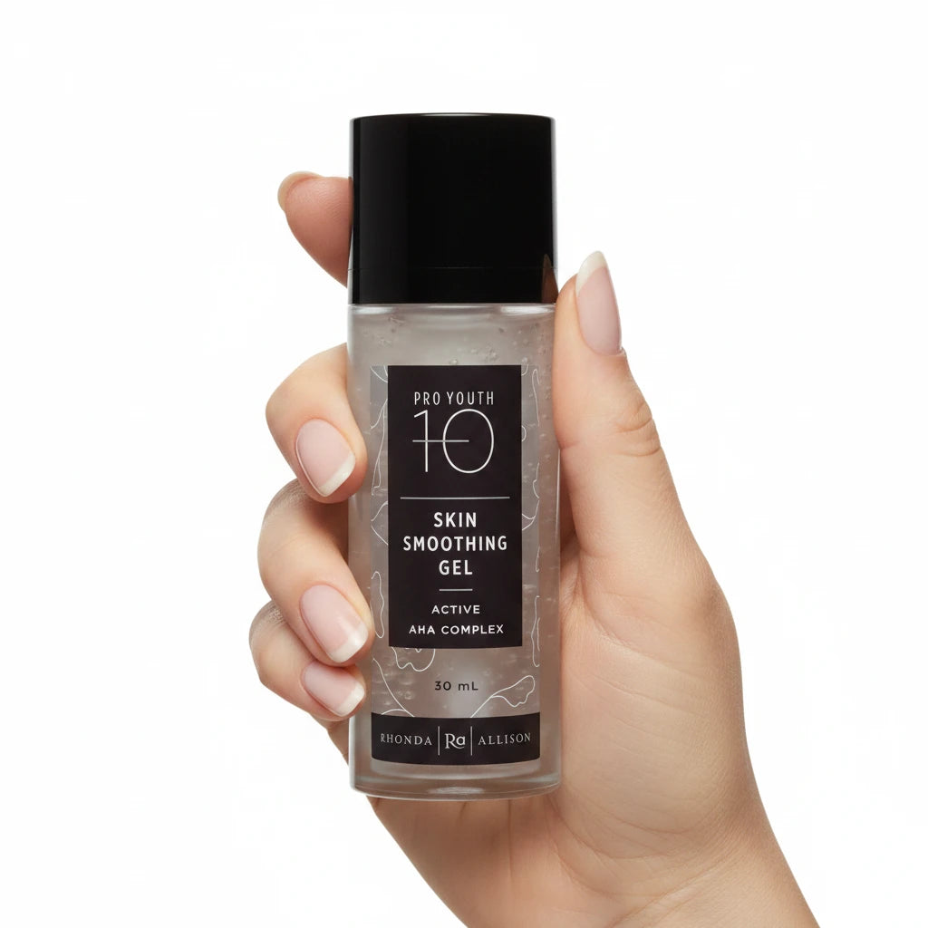 Rhonda Allison Skin smoothing gel bottle with hand holding bottle with black cap and label on a white background