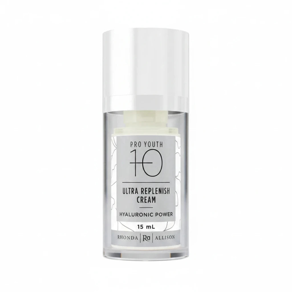 Skincare cream bottle labeled 'Pro Youth 10 Ultra Replenish Cream' on a white background