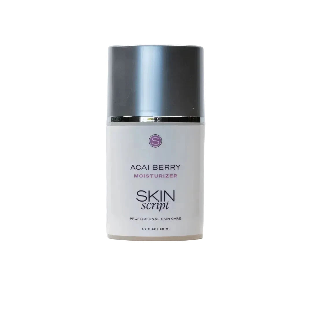 Skincare product labeled 'Acai Berry Moisturizer' by 'Skin Script' on a white background