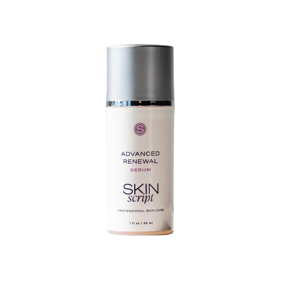 Skincare serum bottle labeled 'Advanced Renewal Serum' by 'Skin Script' on a neutral background