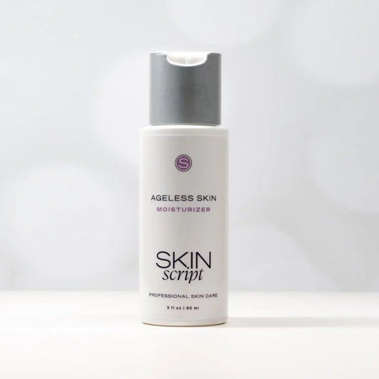 Skincare bottle labeled 'Ageless Skin Moisturizer' by 'Skin Script' on a white background