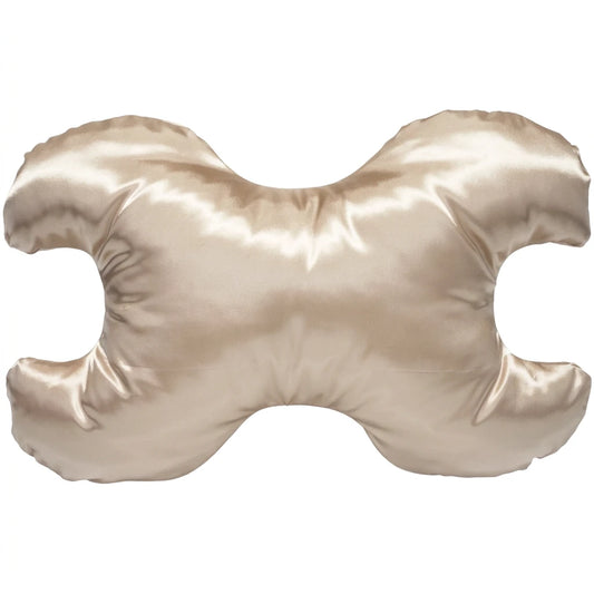 A Save My Face satin beauty pillow in a champagne beige color, shown against a plain white background.