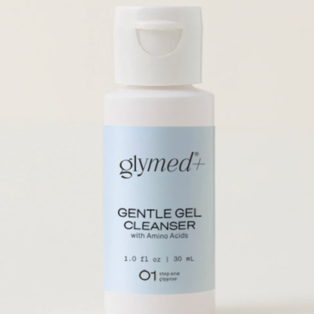 A white bottle of glymed+ Gentle Gel Cleanser with a light blue label, shown against a plain off-white background.