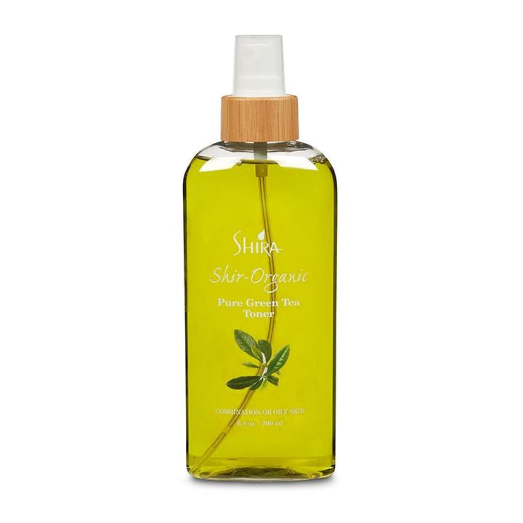 Shira Organic Pure Green Tea Toner bottle with bamboo cap on a white background
