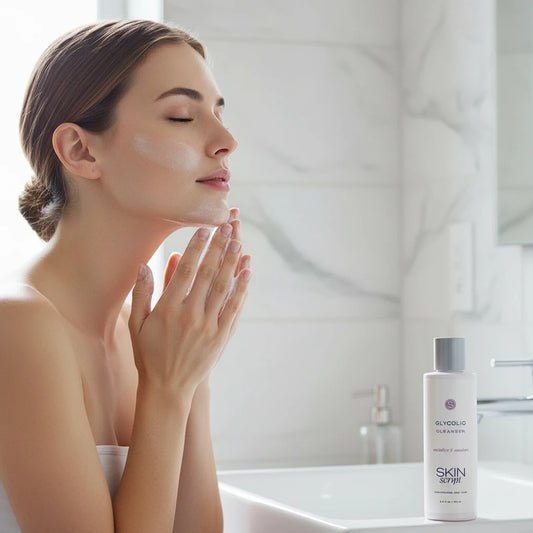 Skin Script Glycolic Cleanser bottle on a gray background with woman washing face