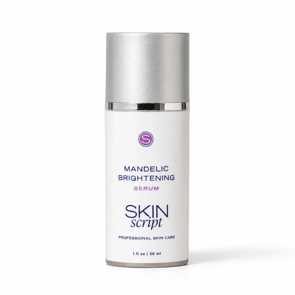 A 30 ml bottle of Skin Script Mandelic Brightening Serum on a clean white background. The bottle is white with a metallic silver cap and features purple text and logo details.