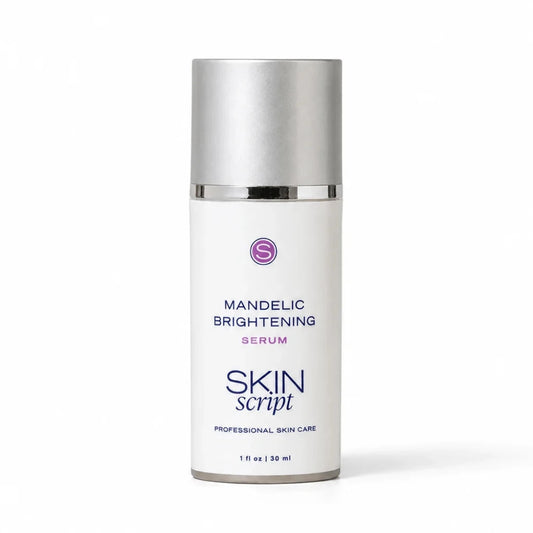 A 30 ml bottle of Skin Script Mandelic Brightening Serum on a clean white background. The bottle is white with a metallic silver cap and features purple text and logo details.