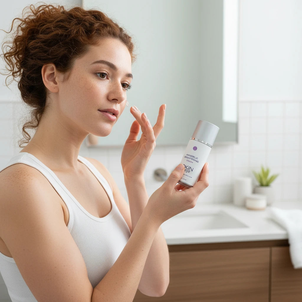 A 30 ml bottle of Skin Script Mandelic Brightening Serum on a clean white background. The bottle is white with a metallic silver cap and features purple text and logo details.