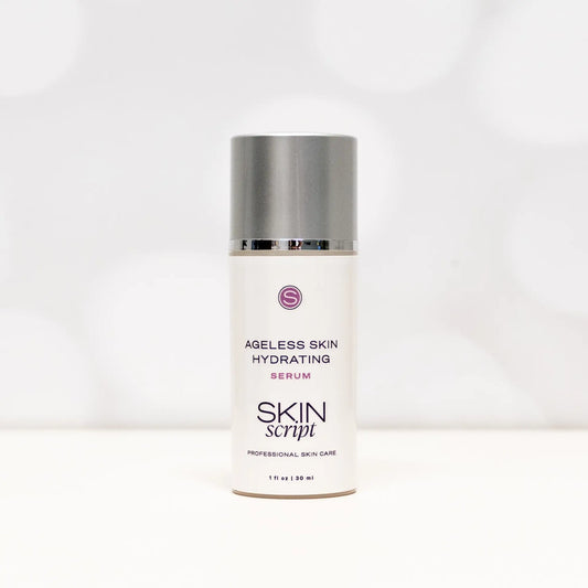 Cylinder bottle of Skin Script Ageless Skin Hydrating Serum 1oz on a light grey background