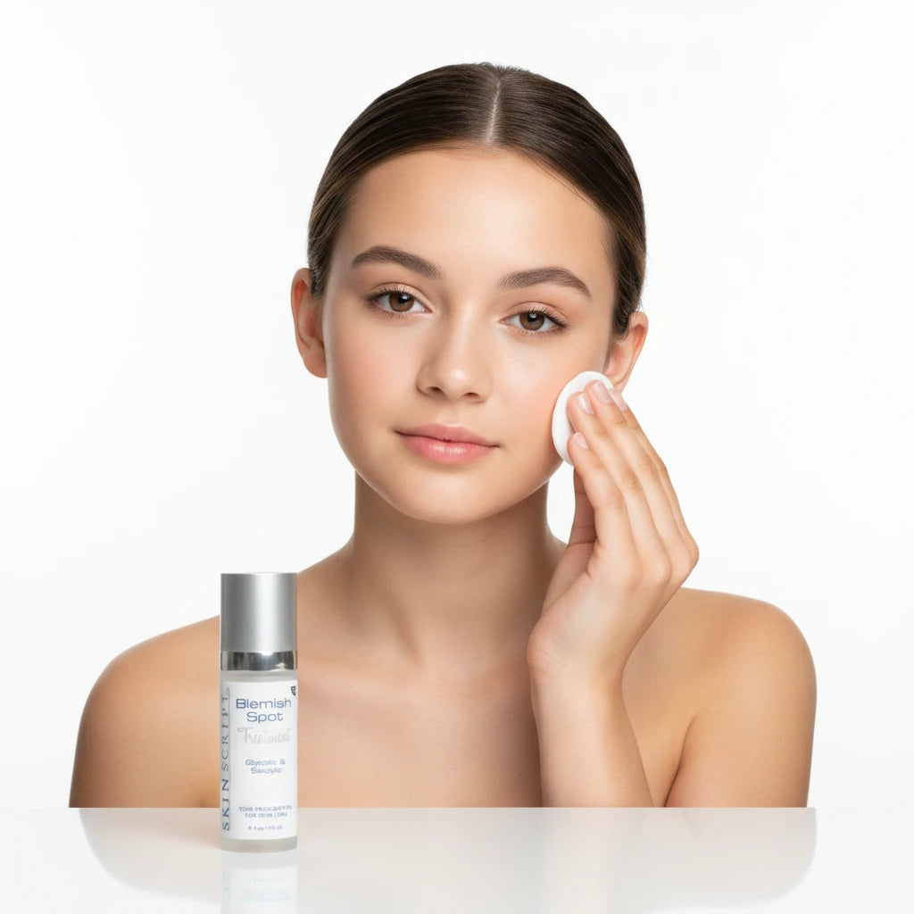 Skin Script Blemish Spot Treatment with teen swiping face with cotton pad on a white background