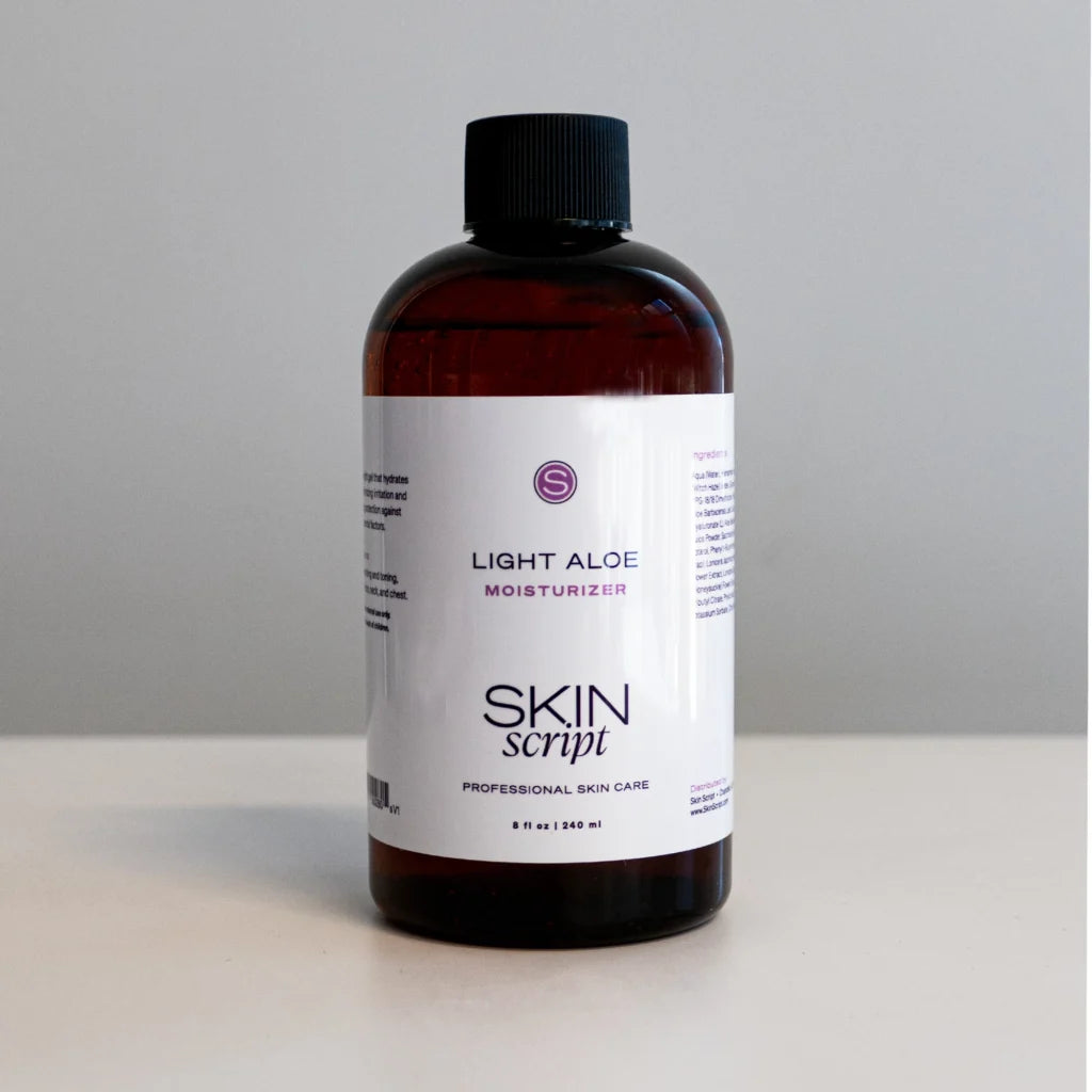 Skin Script Light Aloe Moistuizer 8oz size bottle on a grey background