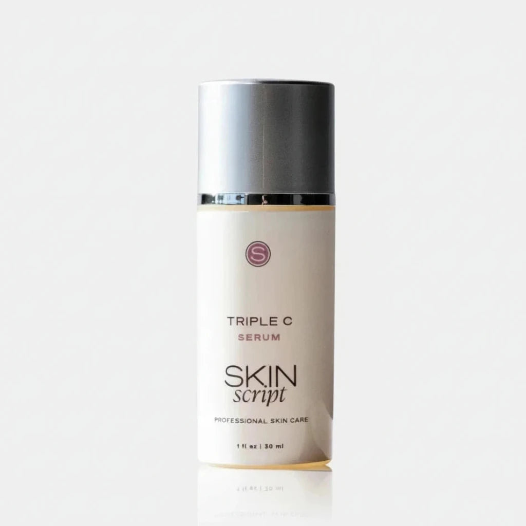 Skin Script Triple C Serum bottle on a light grey background