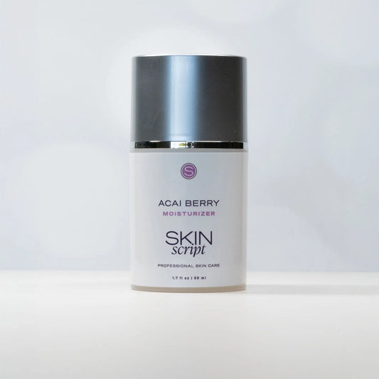 Skin Script Acai Berry Moisturizer on a Light grey background