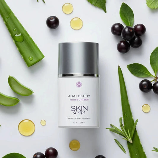 Skin script acai berry moisturizer with background of aloe juice squalane oil and acai berry botanicals