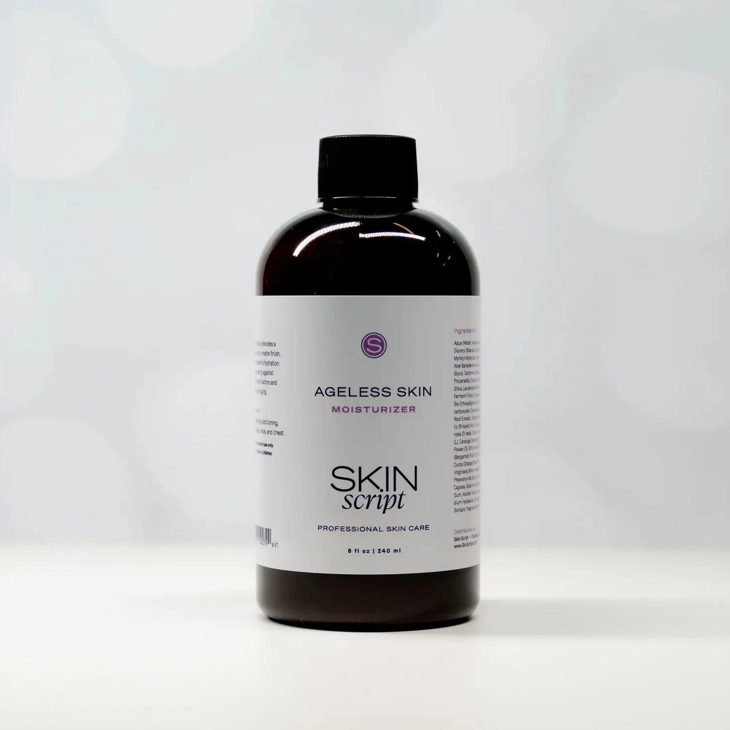 Skin Script ageless skin moisturizer 8oz. on a light grey background
