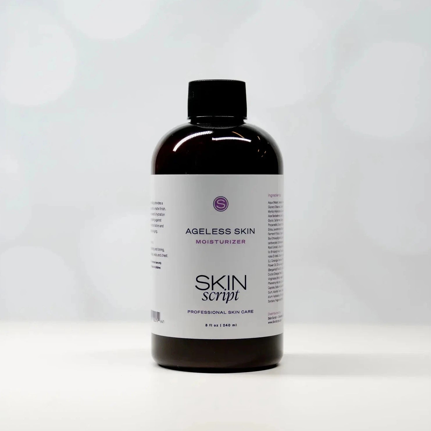 Skin Script ageless skin moisturizer 8oz. on a light grey background