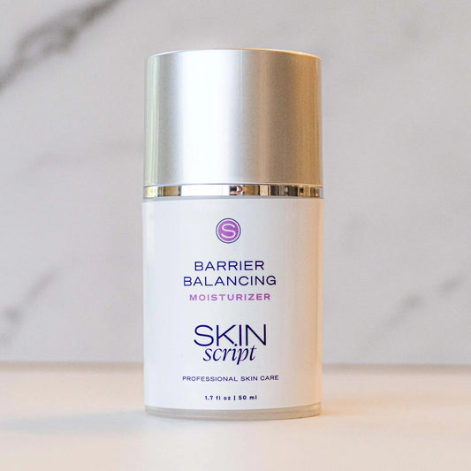 Skin Script barrier balancing moisturizer 1.7oz. pump bottle on a light grey background