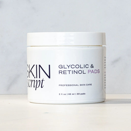 Jar of Skin Script glycolic and retinol pads on a grey background