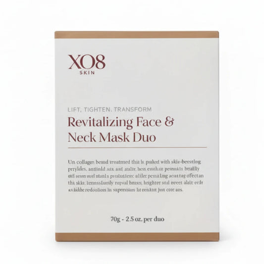 XO8 Skin Revitalizing Face & Neck Mask Duo, showing the white and brown box