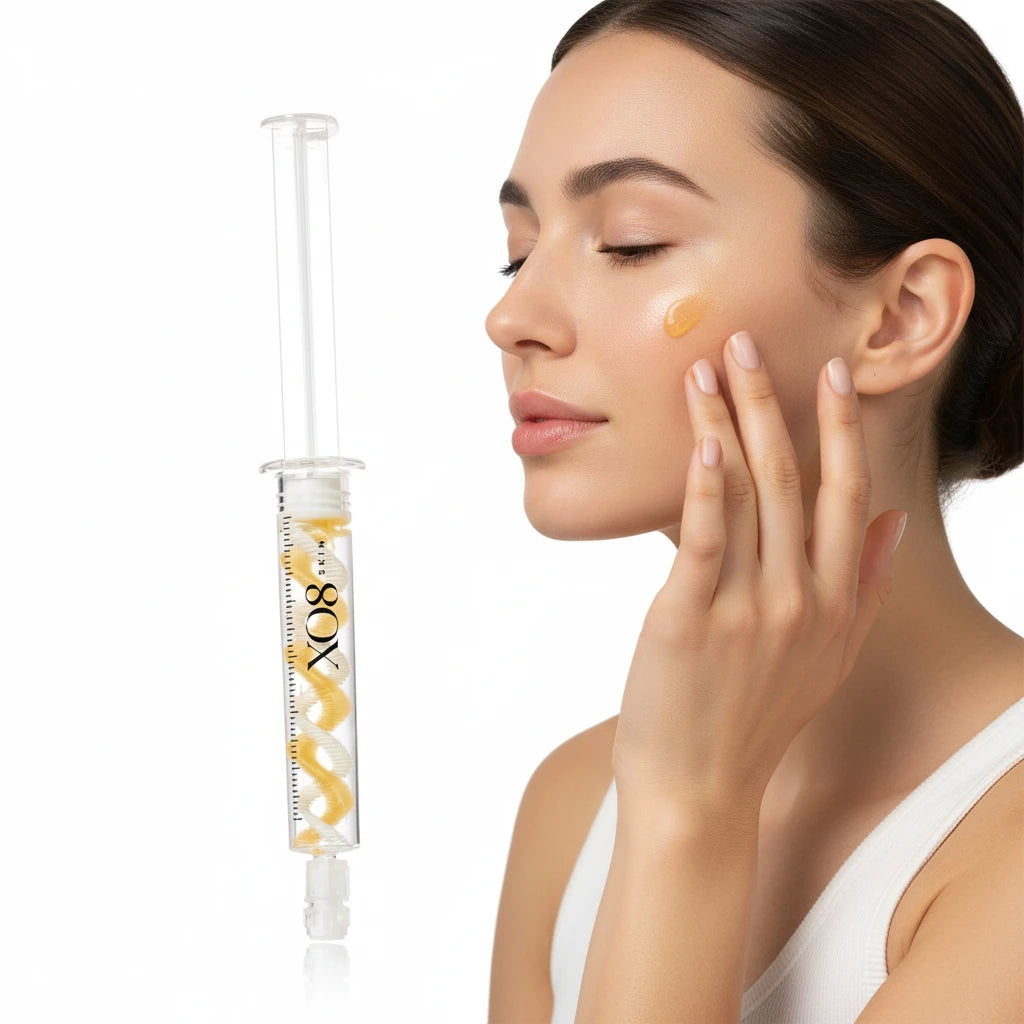 XO8 Skin Vital Refining Treatment shown as a clear syringe with yellow serum droplets being applied to woman's face on a white background.