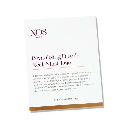 XO8 Skin Revitalizing Face & Neck Mask Duo packaging card, showing the product name, instructions, and weight (70g - 2.5 oz.
