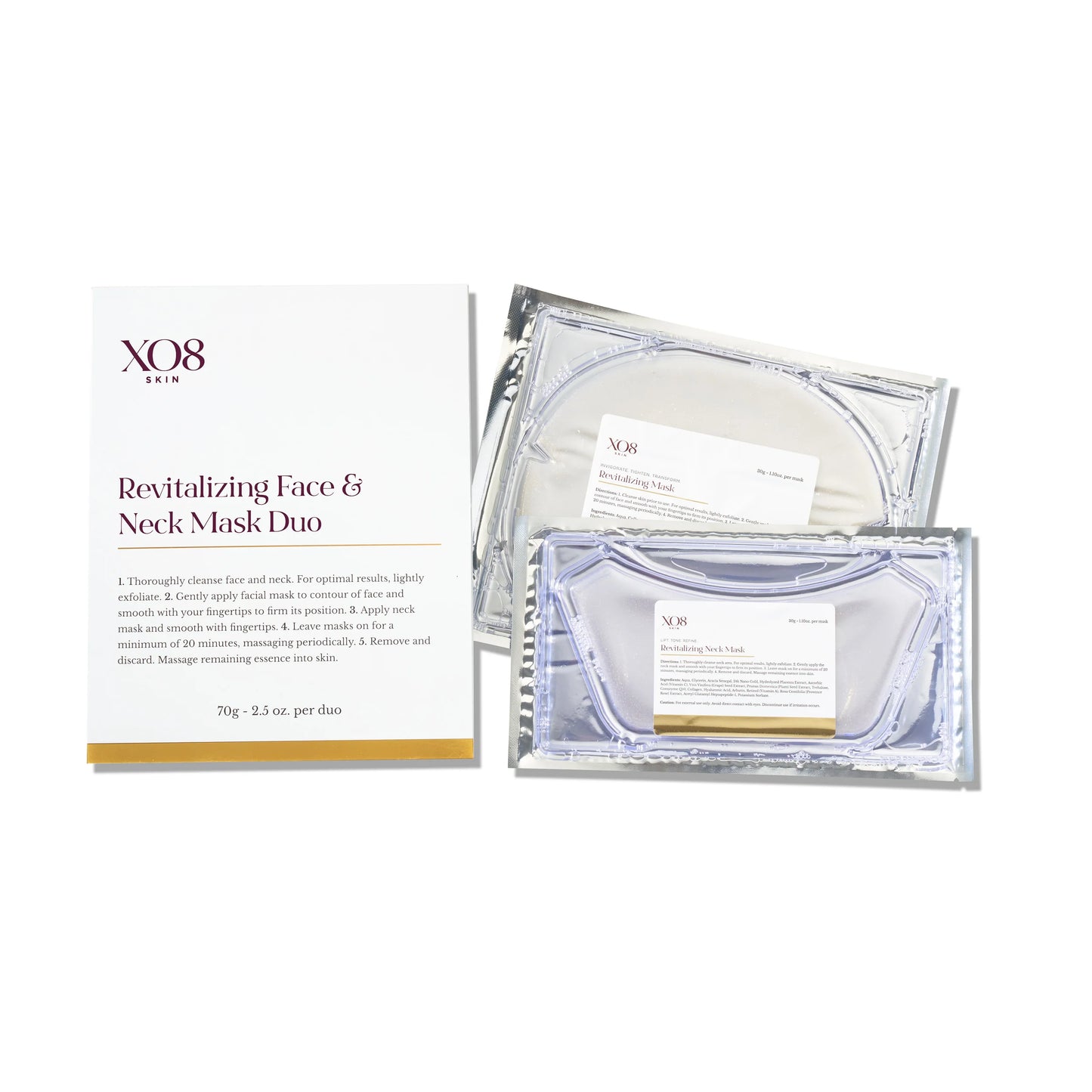 XQ8 Skin Revitalizing Face & Neck Mask Duo set, featuring a white and gold outer box alongside two silver foil packets containing the face and neck masks.