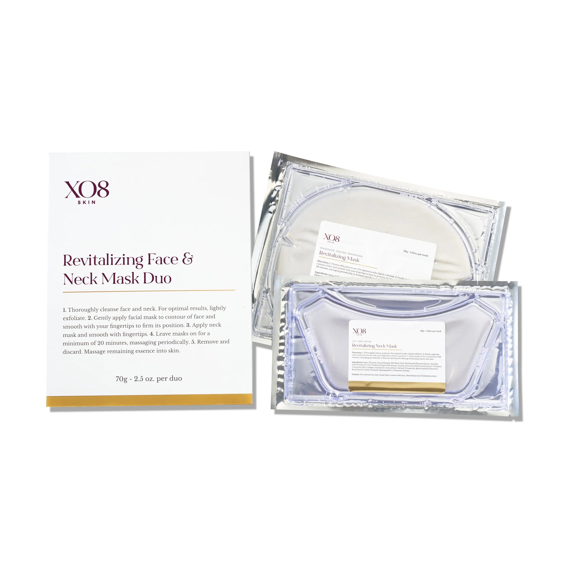 XQ8 Skin Revitalizing Face & Neck Mask Duo set, featuring a white and gold outer box alongside two silver foil packets containing the face and neck masks.