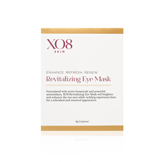 XO8 Skin Revitalizing Eye Mask packaging box, featuring a clean white design with gold borders and dark red text, shown on a white background with a subtle reflection.