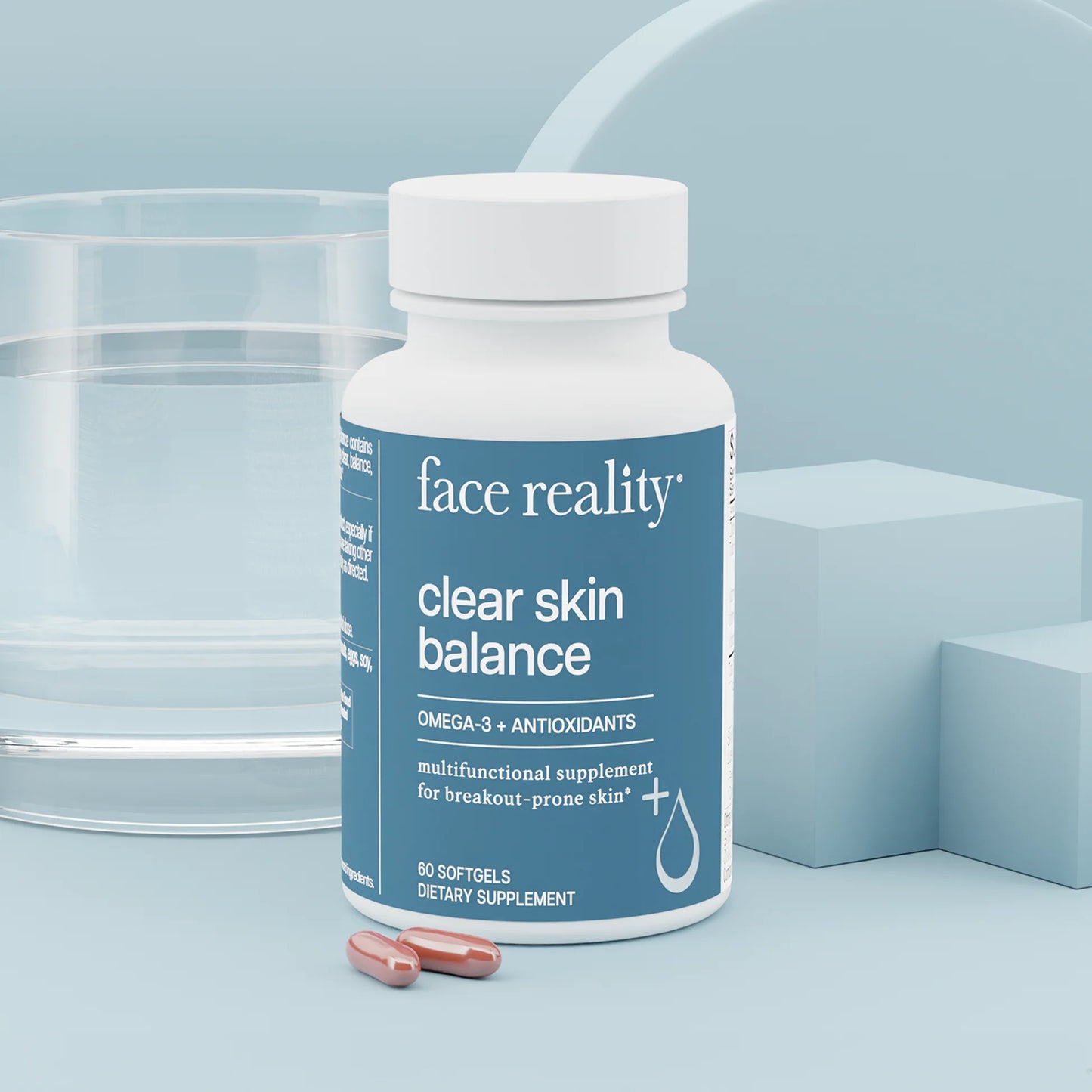 Supplement bottle labeled 'face reality clear skin balance' on a light blue background