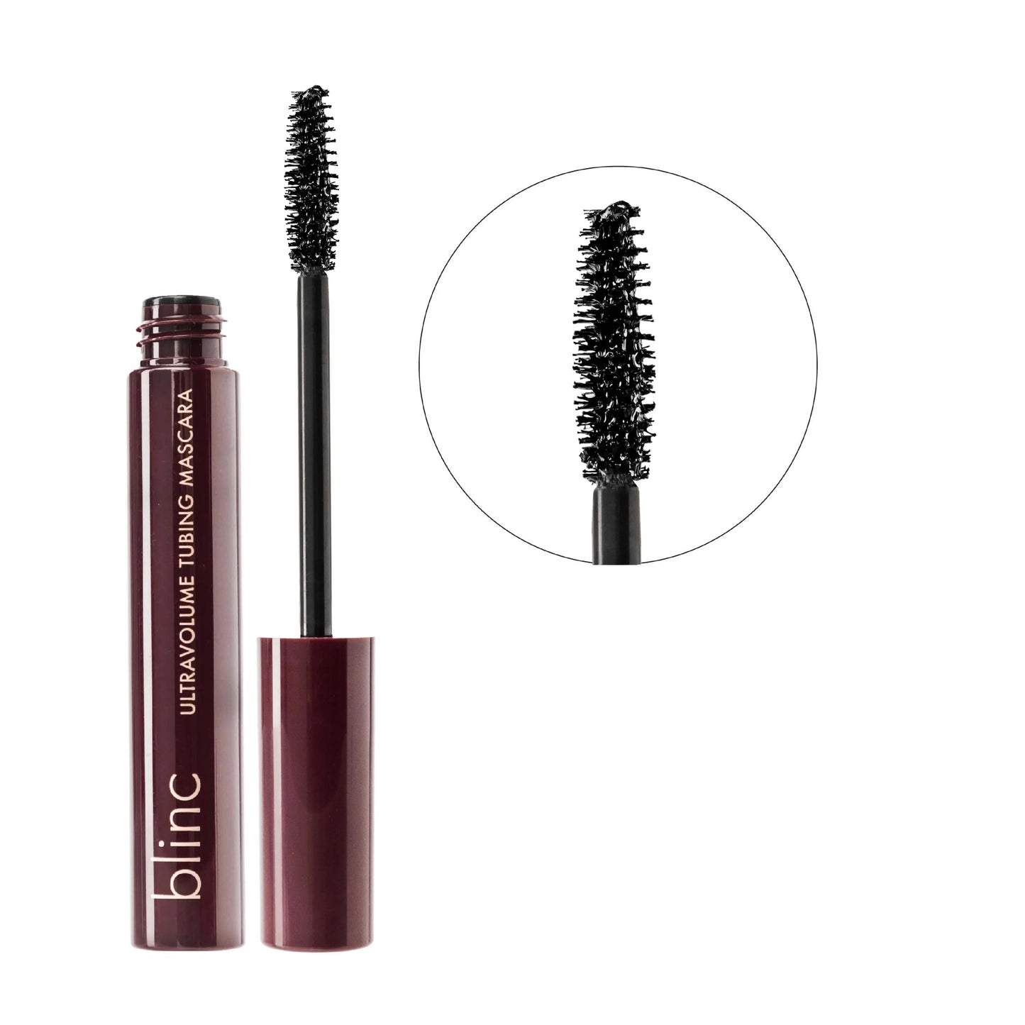 Blinc Ultra Volume Tubing Mascara shown with its applicator wand and a circular detail inset of the brush bristles, on a plain white background.