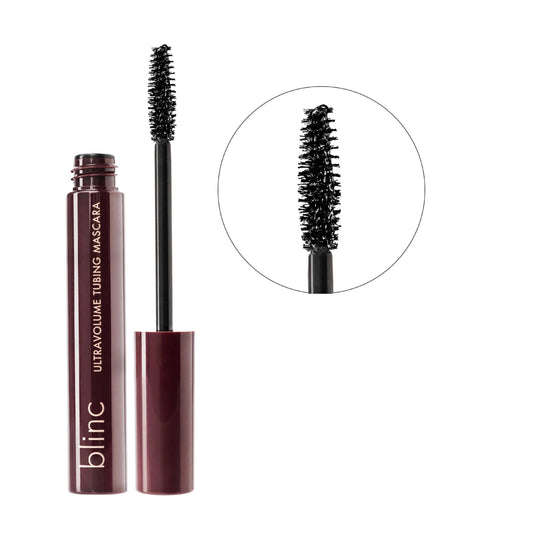 Blinc Ultra Volume Tubing Mascara shown with its applicator wand and a circular detail inset of the brush bristles, on a plain white background.