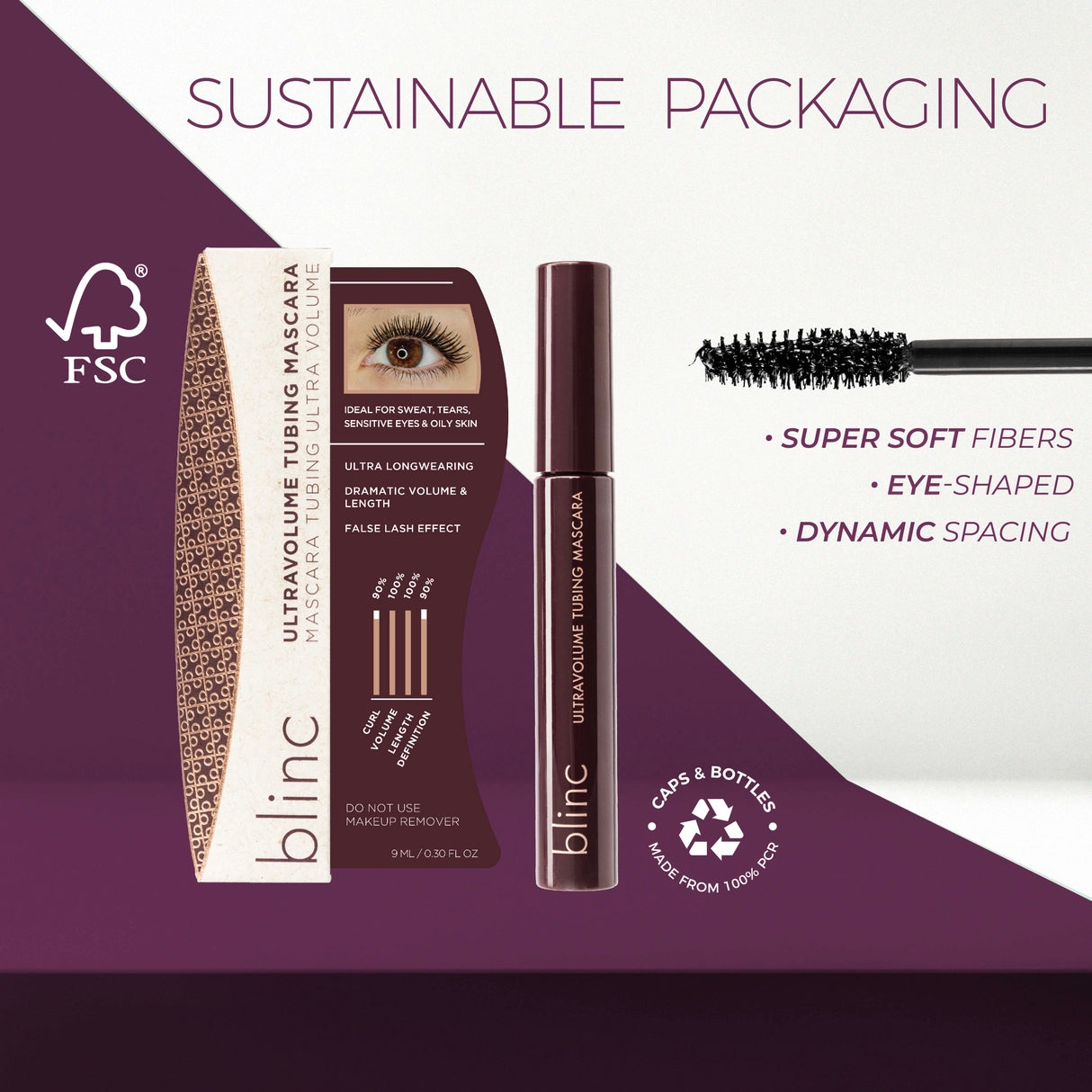 Blinc ultravolume tubing mascara with sustainable packaging features on a purple and white background.