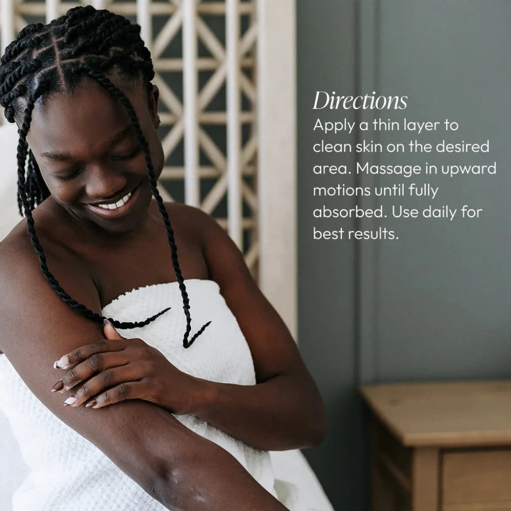 Woman wrapped in a towel with skincare directions on a neutral background