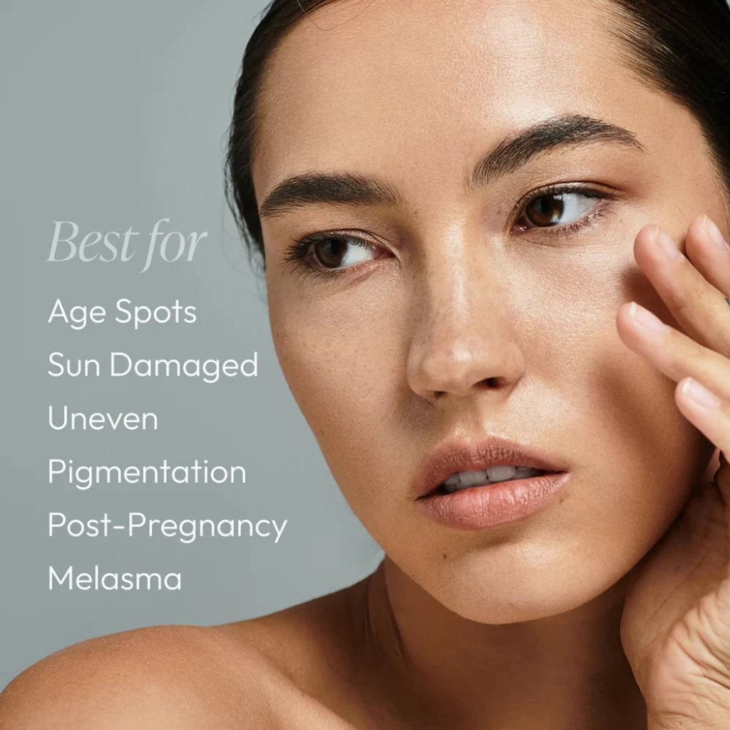 Woman with text about skincare benefits on a gray background