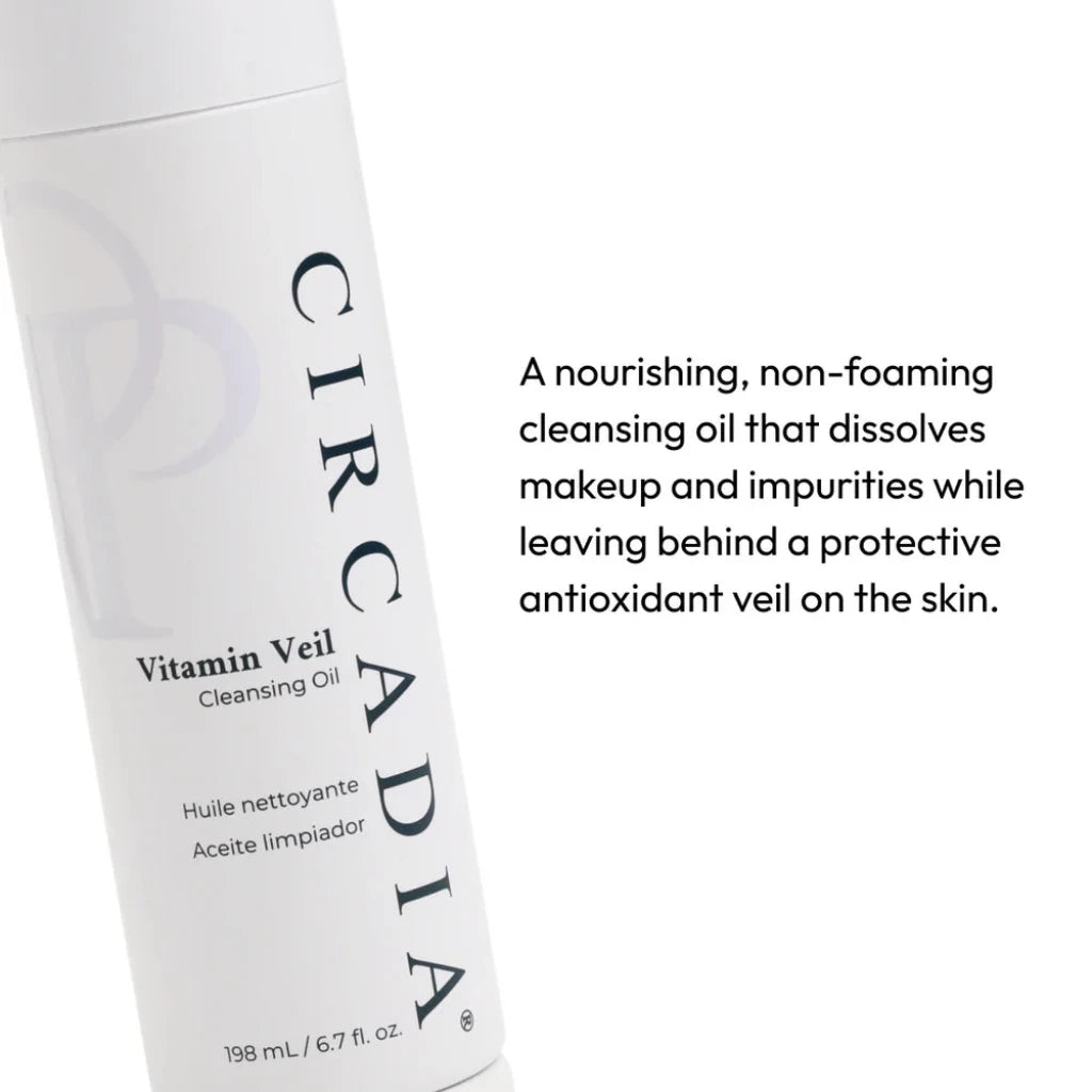 Circadia Vitamin Veil Cleansing Oil bottle with product description text on a white background