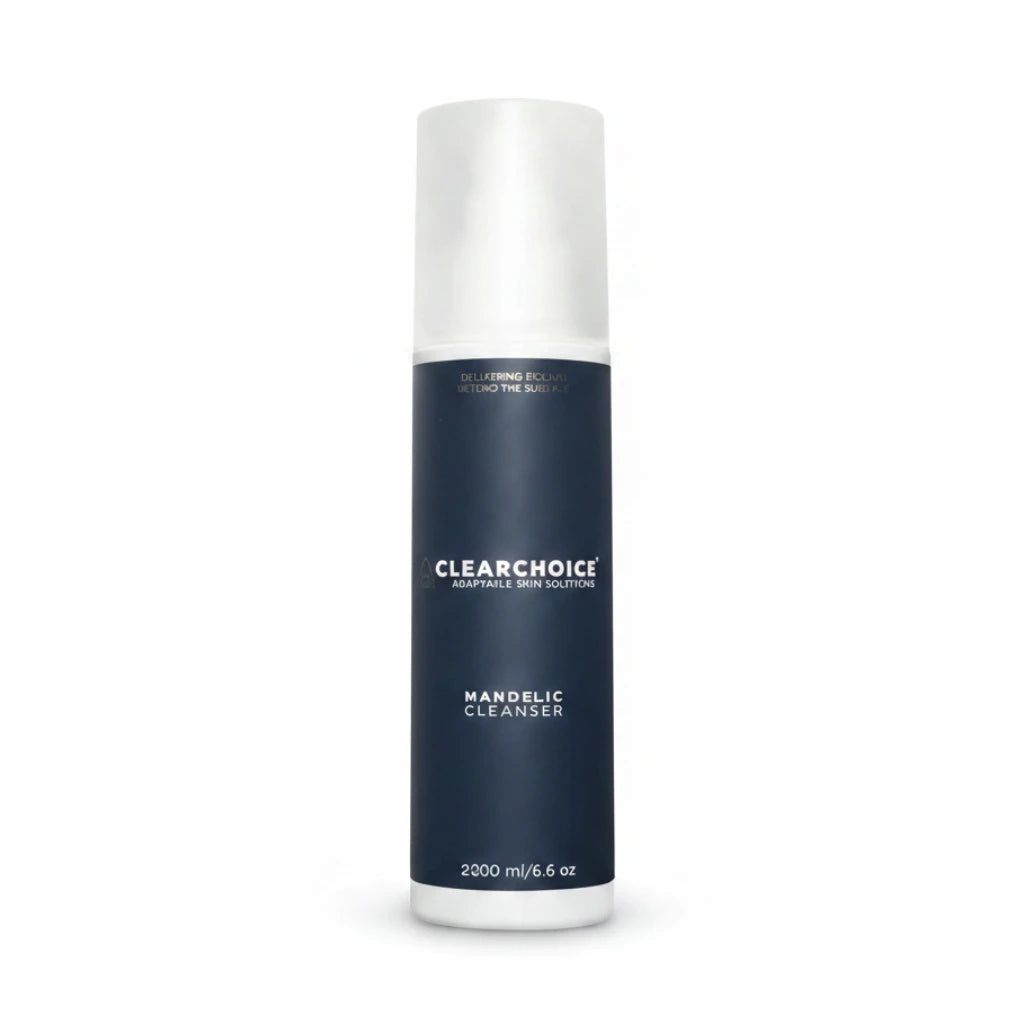 blue bottle with white text 'ClearChoice Mandelic Cleanser' on white background