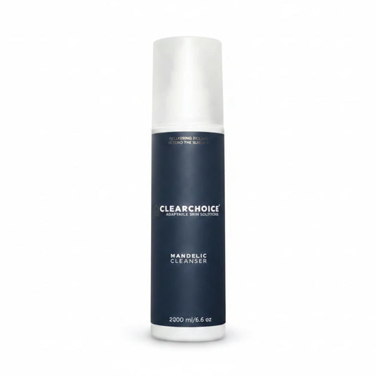 blue bottle with white text 'ClearChoice Mandelic Cleanser' on white background