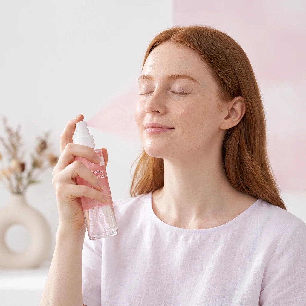 A bottle of Dr. Esthe Anti-Mela Toning Toner with a white cap and a pink and clear liquid inside, shown with woman misting face.